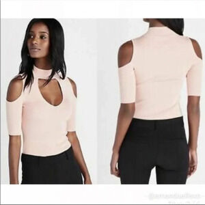 Express pale pink ribbed choker sweater top